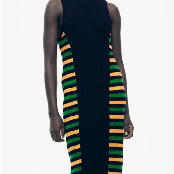 Nwt Zara Striped Ribbed Dress Black 